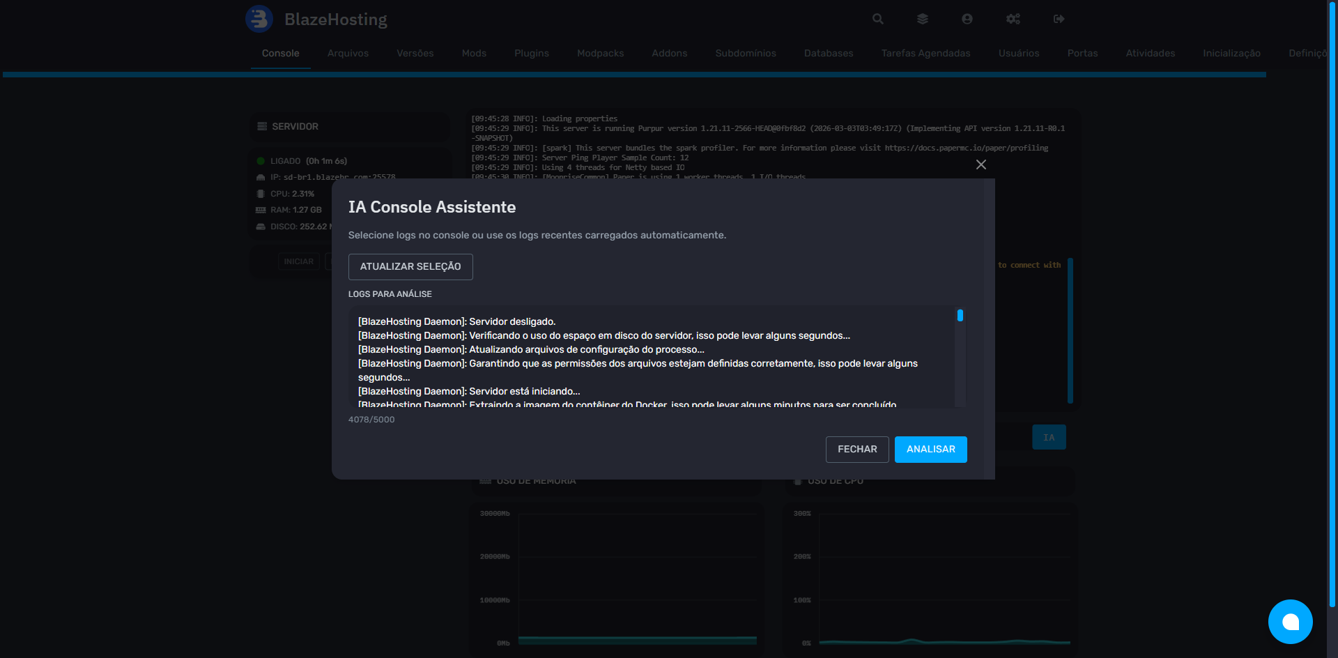 Janela do assistente de console para análise de logs no painel Minecraft Blaze
