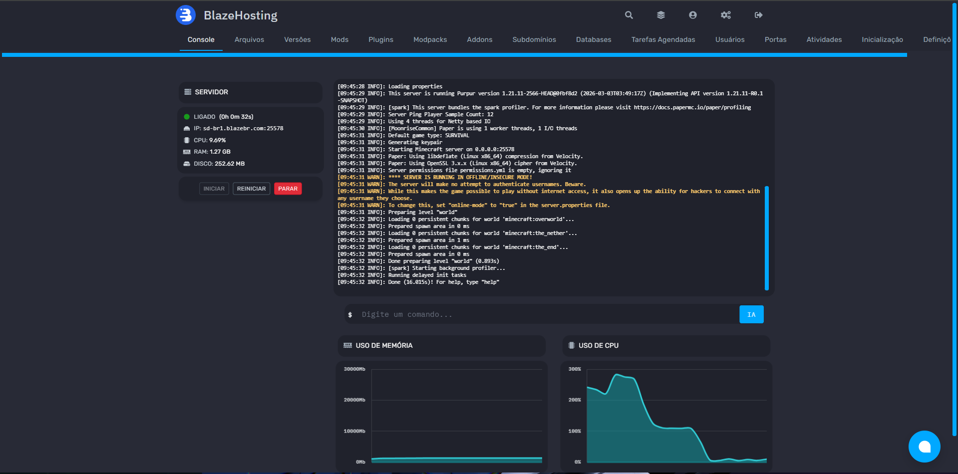 Painel Minecraft Blaze com console, status do servidor e gr&aacute;ficos de uso