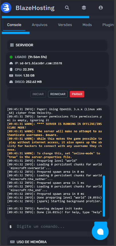 Painel Minecraft Blaze no celular com console, status do servidor e a&ccedil;&otilde;es r&aacute;pidas